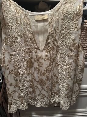 Anthropologie Ivory Top with Gold Embroidered Lace